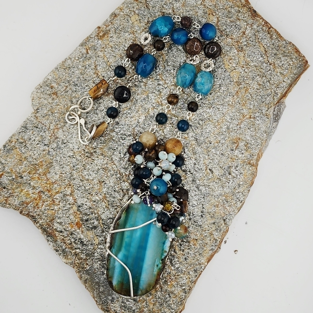 AGATE, AMAZONITE & TIGERS EYE GENUINE GEMSTONE NECKLACE HANDMADE STERLING SILVER - Picture 5 of 14